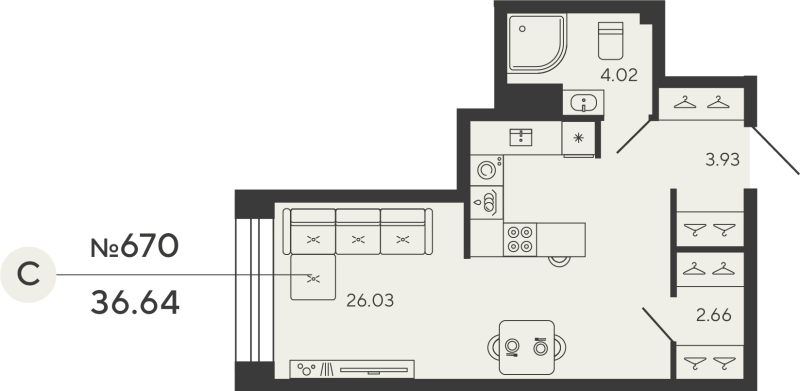 Квартира-студия, 36.64 м² - планировка, фото №1