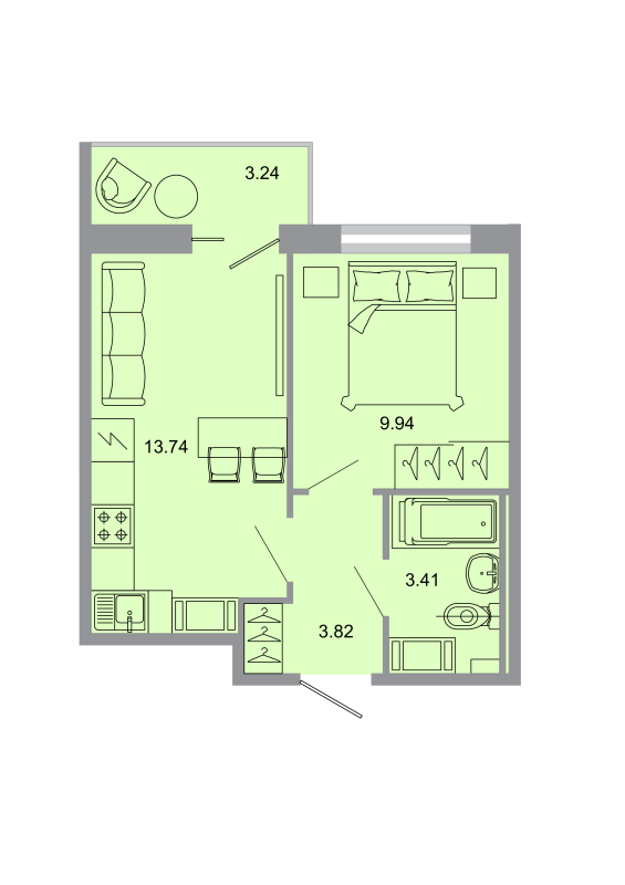 1-комнатная квартира, 31.3 м² - планировка, фото №1