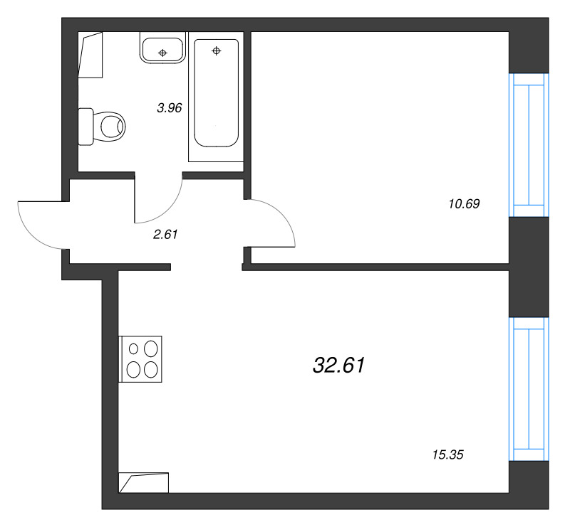 2-комнатная (Евро) квартира, 32.61 м² в ЖК "Остров Первых" - планировка, фото №1
