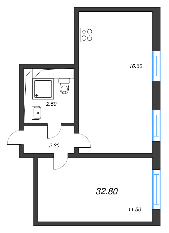 2-комнатная (Евро) квартира, 32.8 м² - планировка, фото №1
