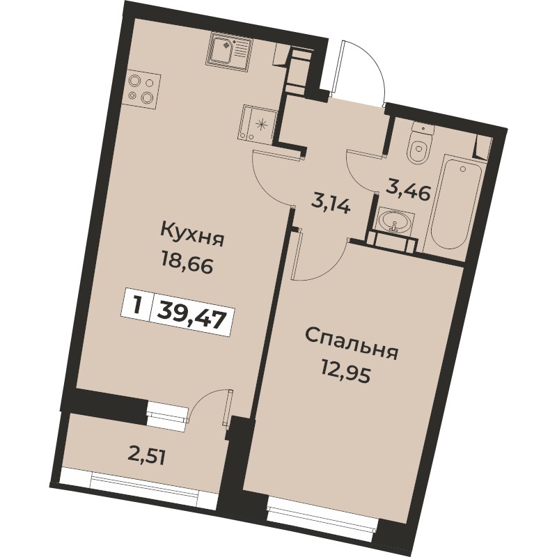 1-комнатная квартира, 39.47 м² - планировка, фото №1