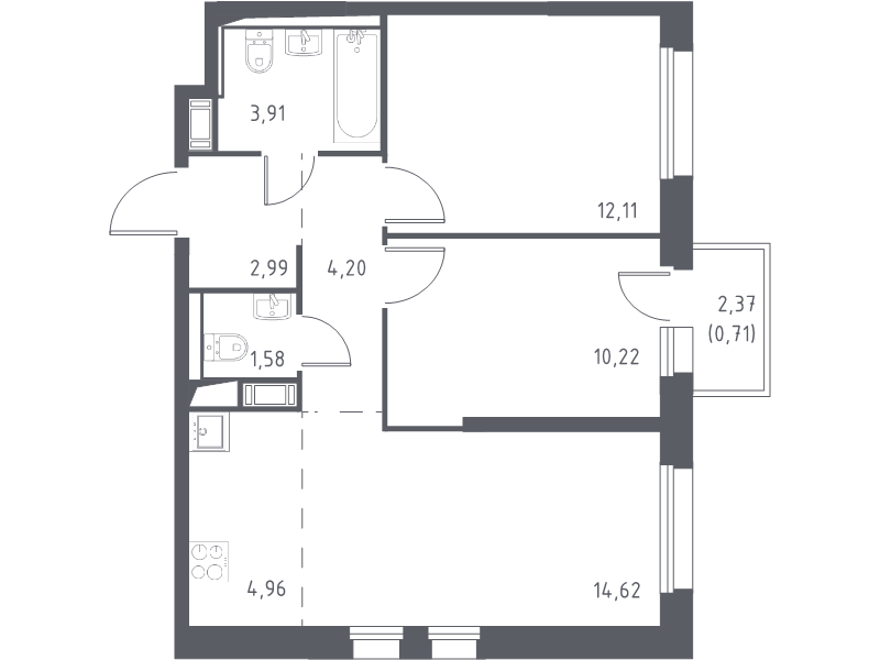 3-комнатная (Евро) квартира, 55.3 м² в ЖК "Новые Лаврики" - планировка, фото №1
