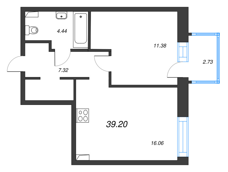 2-комнатная (Евро) квартира, 39.2 м² в ЖК "Остров Первых" - планировка, фото №1