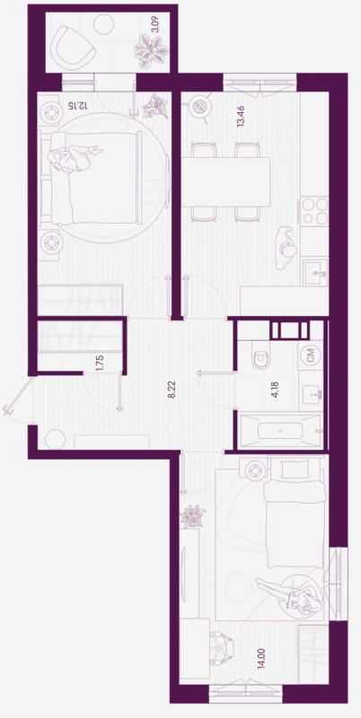 2-комнатная квартира, 54.69 м² - планировка, фото №1