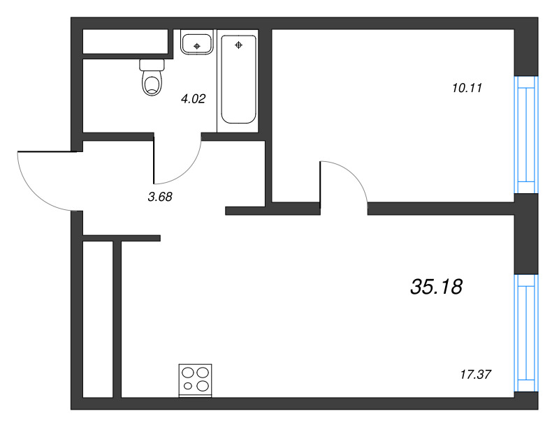 2-комнатная (Евро) квартира, 35.18 м² - планировка, фото №1