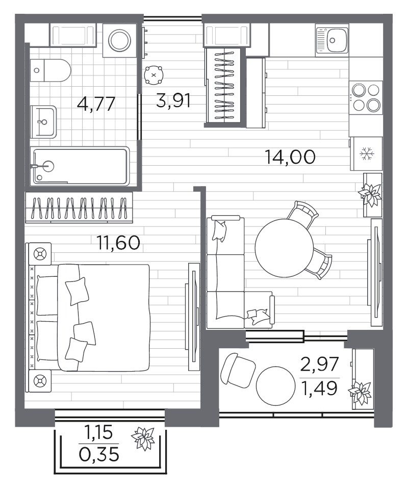 1-комнатная квартира, 36.12 м² в ЖК "PLUS Пулковский" - планировка, фото №1