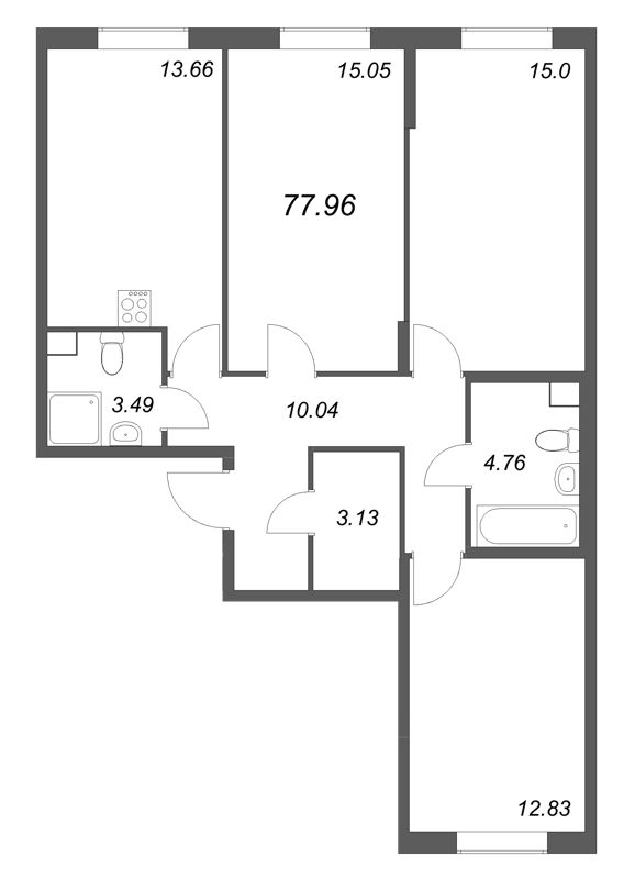 3-комнатная квартира, 77.96 м² в ЖК "Кинопарк" - планировка, фото №1