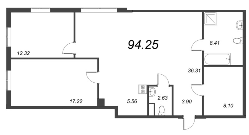 3-комнатная (Евро) квартира, 94.25 м² в ЖК "Amo" - планировка, фото №1