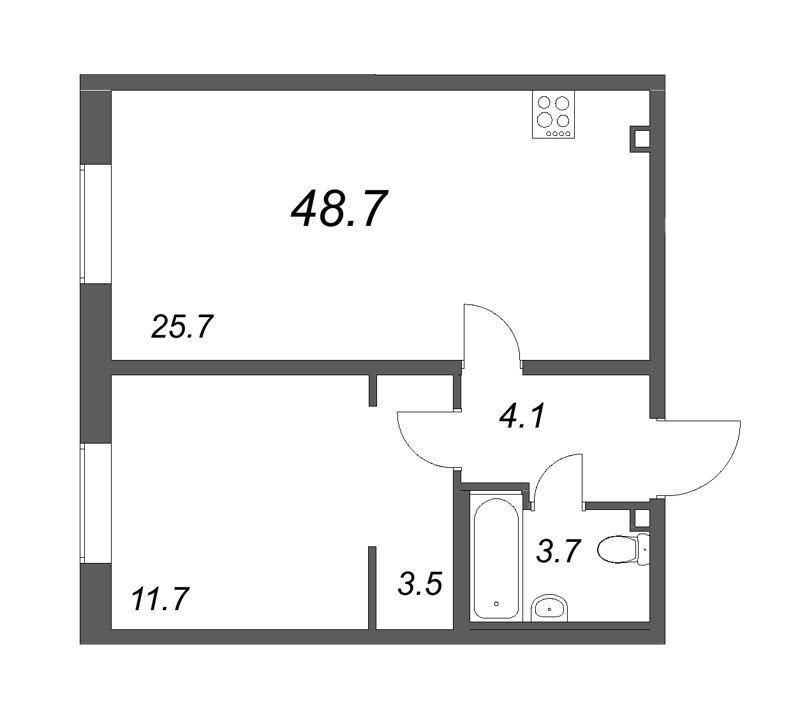 2-комнатная (Евро) квартира, 48.7 м² - планировка, фото №1