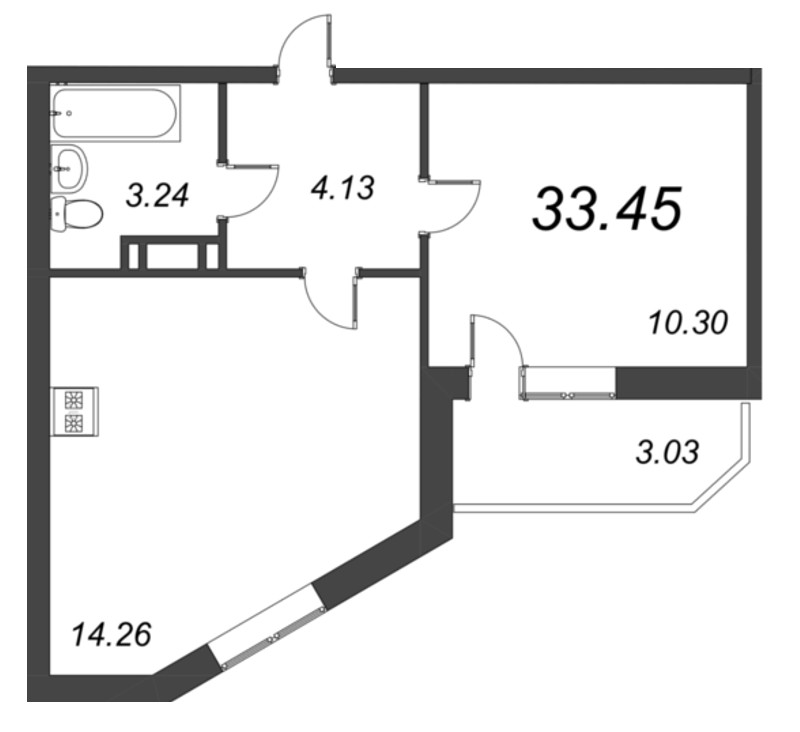 1-комнатная квартира, 33.45 м² - планировка, фото №1