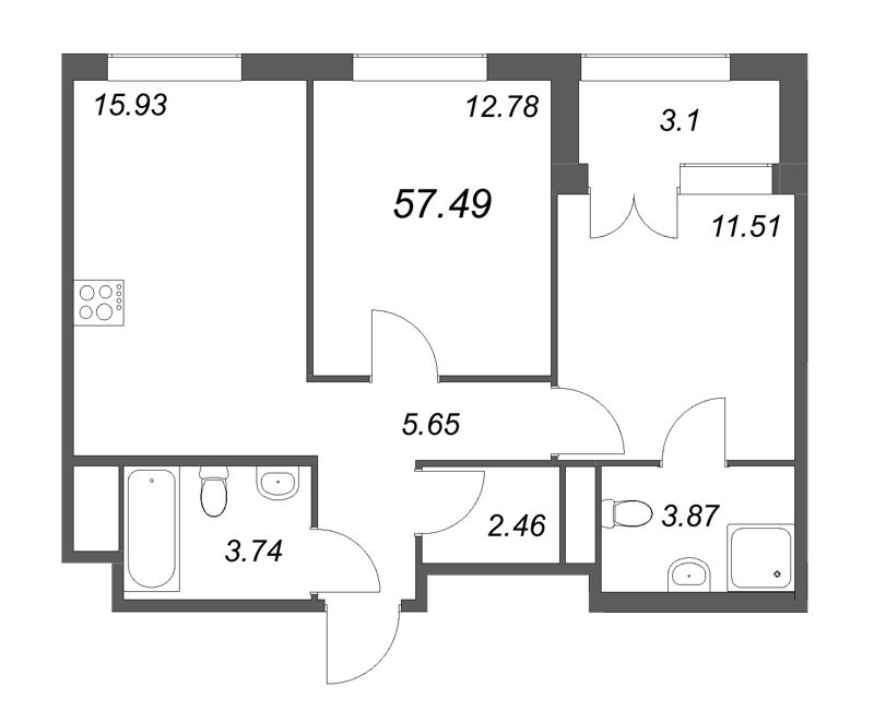 3-комнатная (Евро) квартира, 57.49 м² - планировка, фото №1