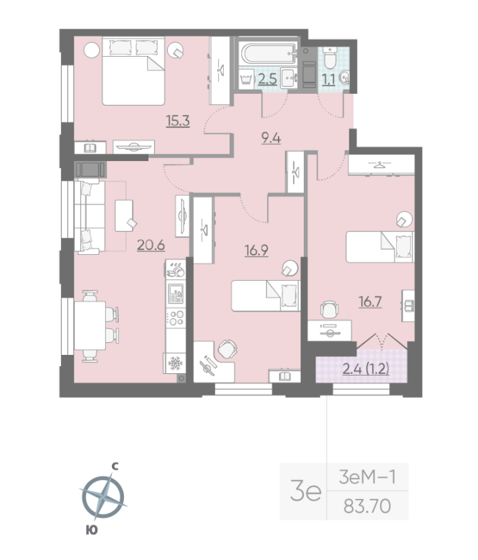 4-комнатная (Евро) квартира, 83.7 м² в ЖК "Цивилизация на Неве" - планировка, фото №1
