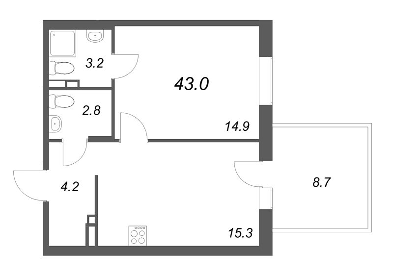 2-комнатная (Евро) квартира, 43 м² в ЖК "Экография" - планировка, фото №1