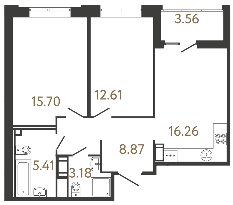 3-комнатная (Евро) квартира, 62.03 м² в ЖК "Ultra City 3.0" - планировка, фото №1