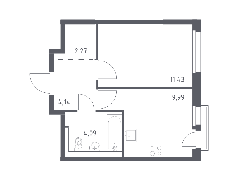 1-комнатная квартира, 31.92 м² - планировка, фото №1