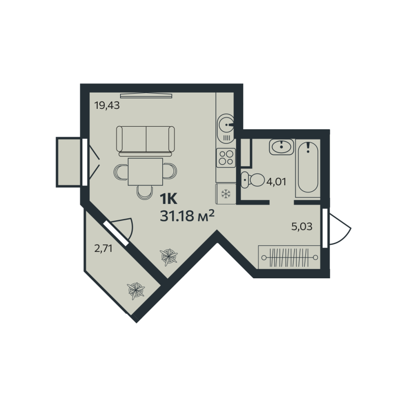 Квартира-студия, 31.18 м² в ЖК "Эдельвейс.Янино" - планировка, фото №1