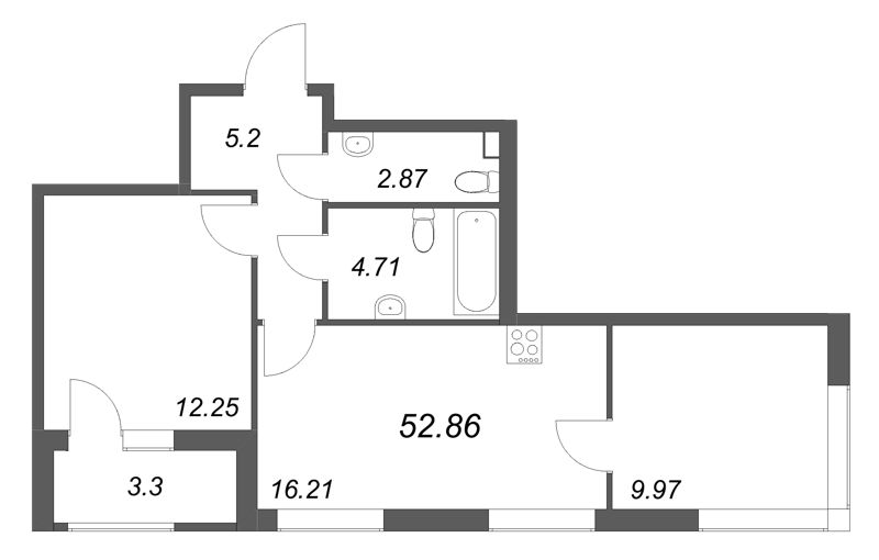 3-комнатная (Евро) квартира, 52.86 м² в ЖК "Гранат" - планировка, фото №1