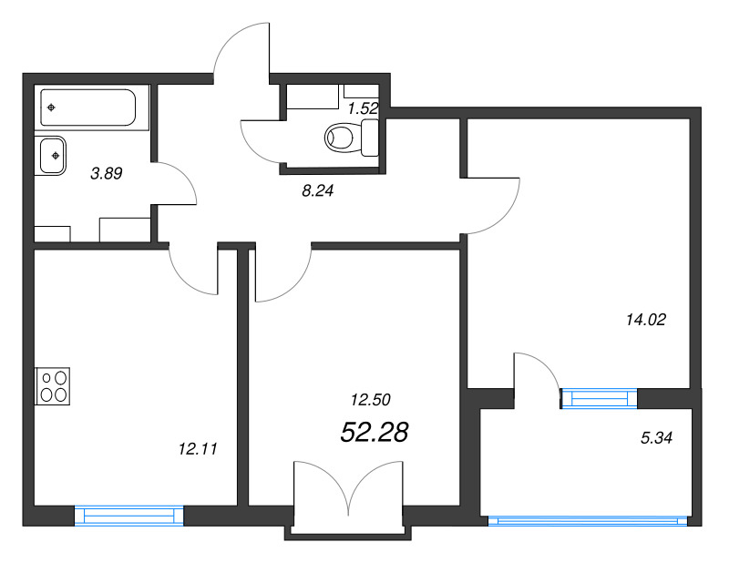 2-комнатная квартира, 52.28 м² - планировка, фото №1