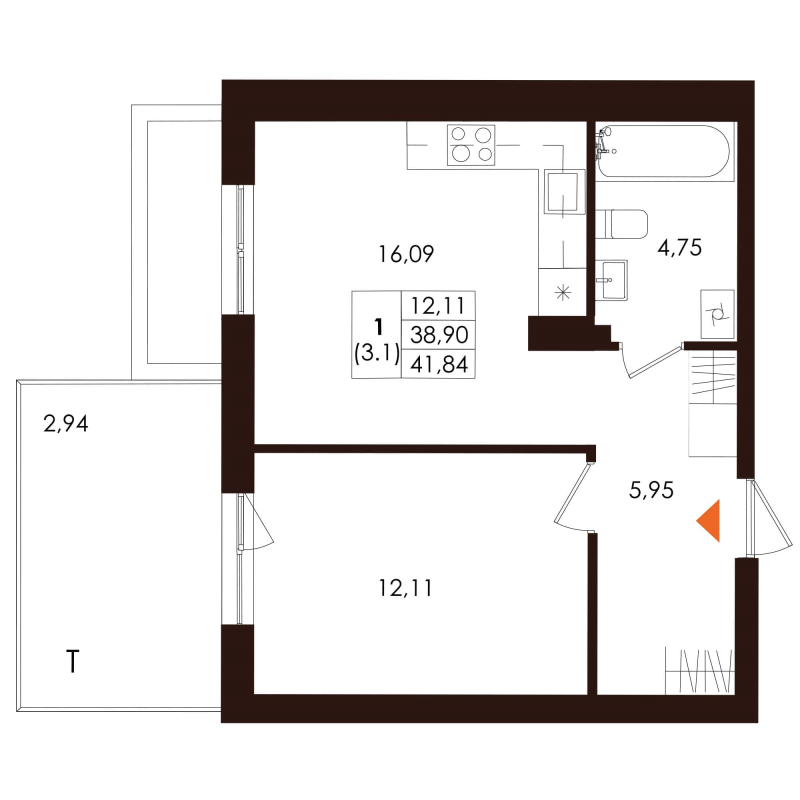 2-комнатная (Евро) квартира, 41.84 м² - планировка, фото №1