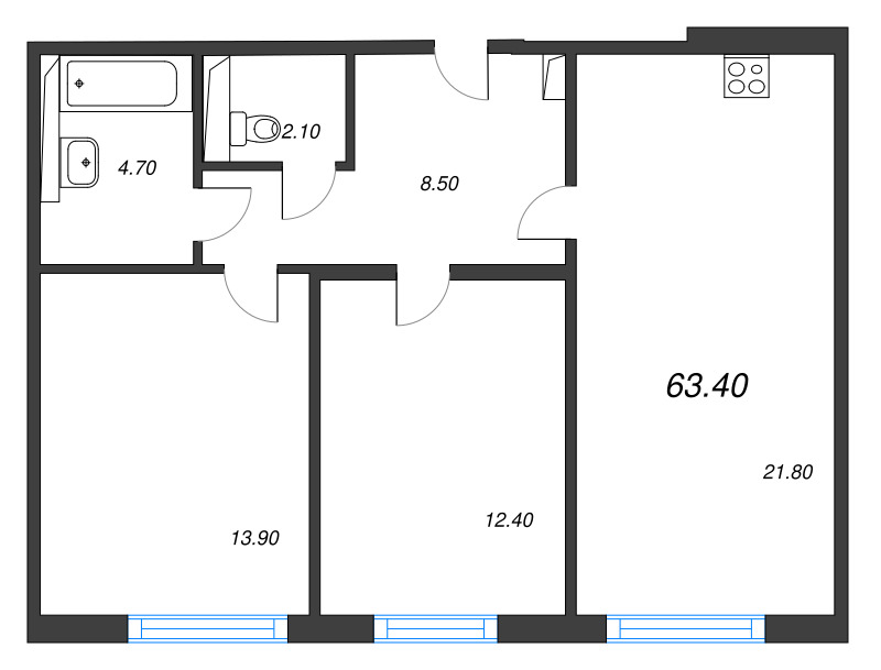 3-комнатная (Евро) квартира, 63.4 м² в ЖК "Руднева 15" - планировка, фото №1