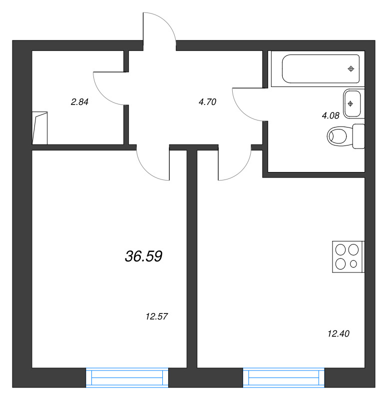 1-комнатная квартира, 36.59 м² - планировка, фото №1