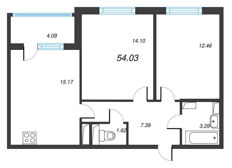 3-комнатная (Евро) квартира, 54.03 м² - планировка, фото №1