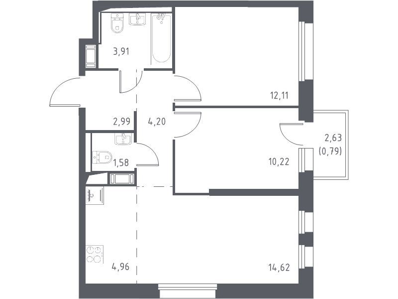 3-комнатная (Евро) квартира, 55.38 м² в ЖК "Новые Лаврики" - планировка, фото №1