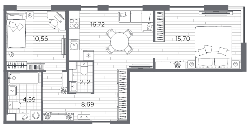 3-комнатная (Евро) квартира, 58.38 м² - планировка, фото №1