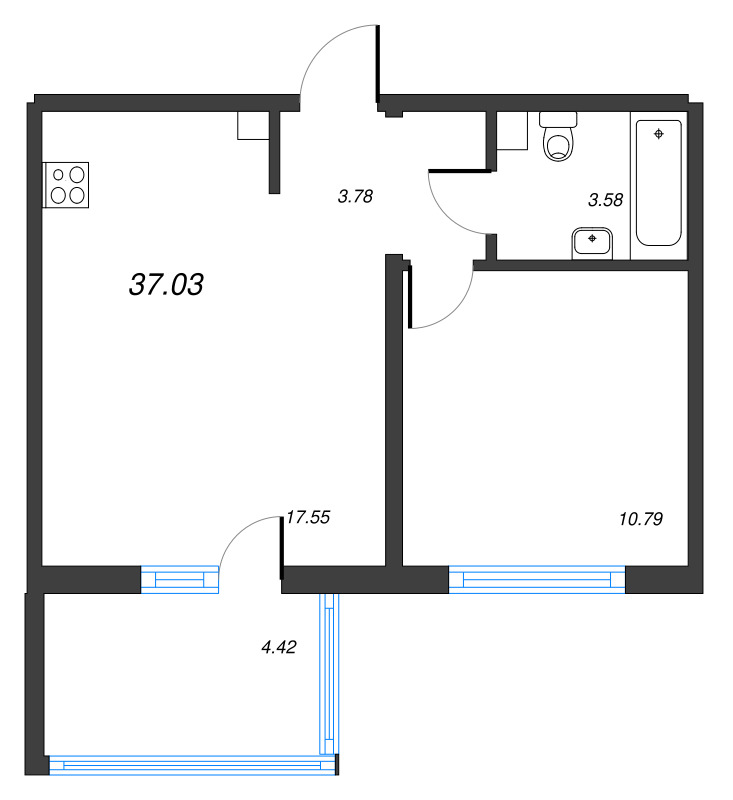 2-комнатная (Евро) квартира, 37.03 м² - планировка, фото №1