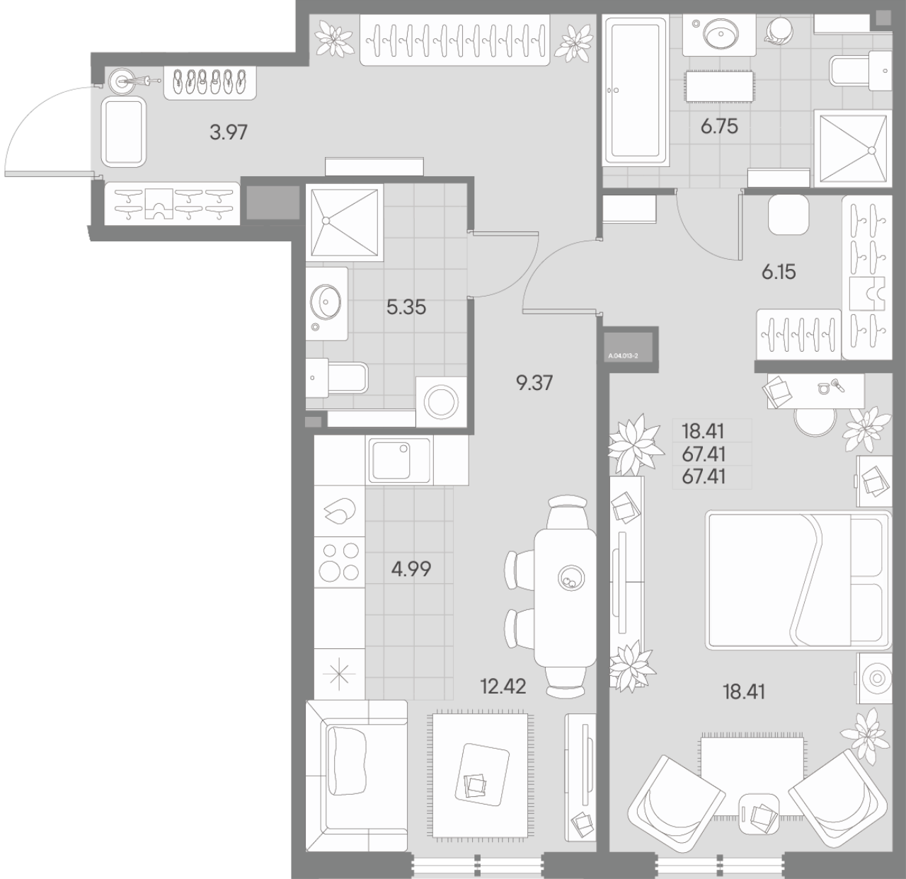 2-комнатная (Евро) квартира, 67.41 м² в ЖК "Amo" - планировка, фото №1