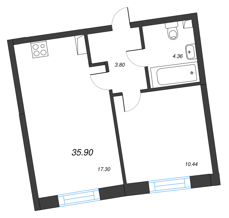 2-комнатная (Евро) квартира, 35.9 м² в ЖК "Бульвар Грина" - планировка, фото №1