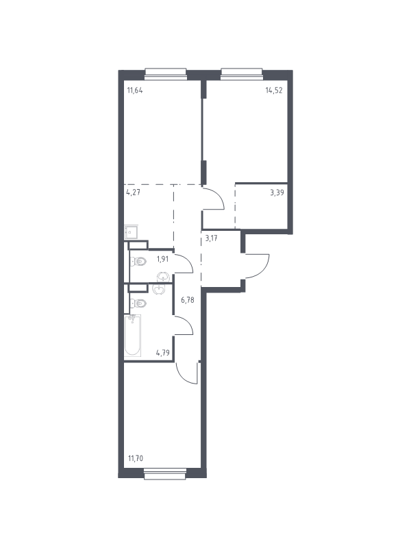 3-комнатная (Евро) квартира, 62.17 м² - планировка, фото №1