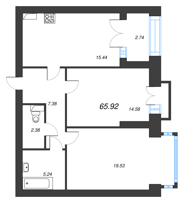 3-комнатная (Евро) квартира, 69.7 м² в ЖК "Наука" - планировка, фото №1