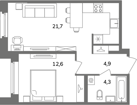 2-комнатная (Евро) квартира, 43.5 м² в ЖК "Антверпен" - планировка, фото №1