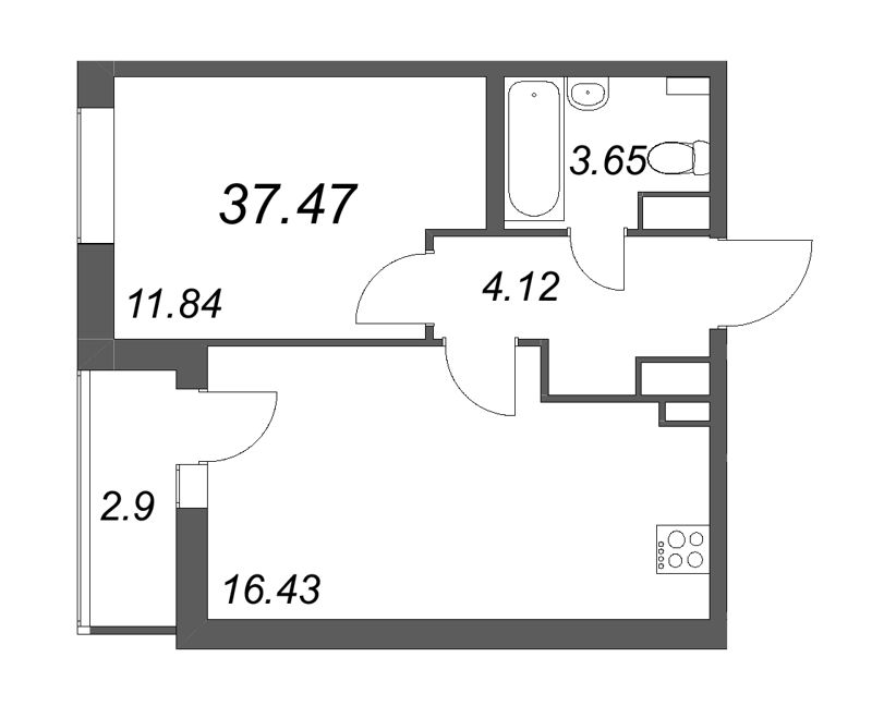 2-комнатная (Евро) квартира, 37.47 м² в ЖК "Аквилон All in 3.0" - планировка, фото №1