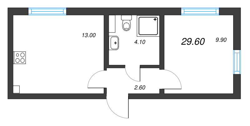 1-комнатная квартира, 29.6 м² - планировка, фото №1