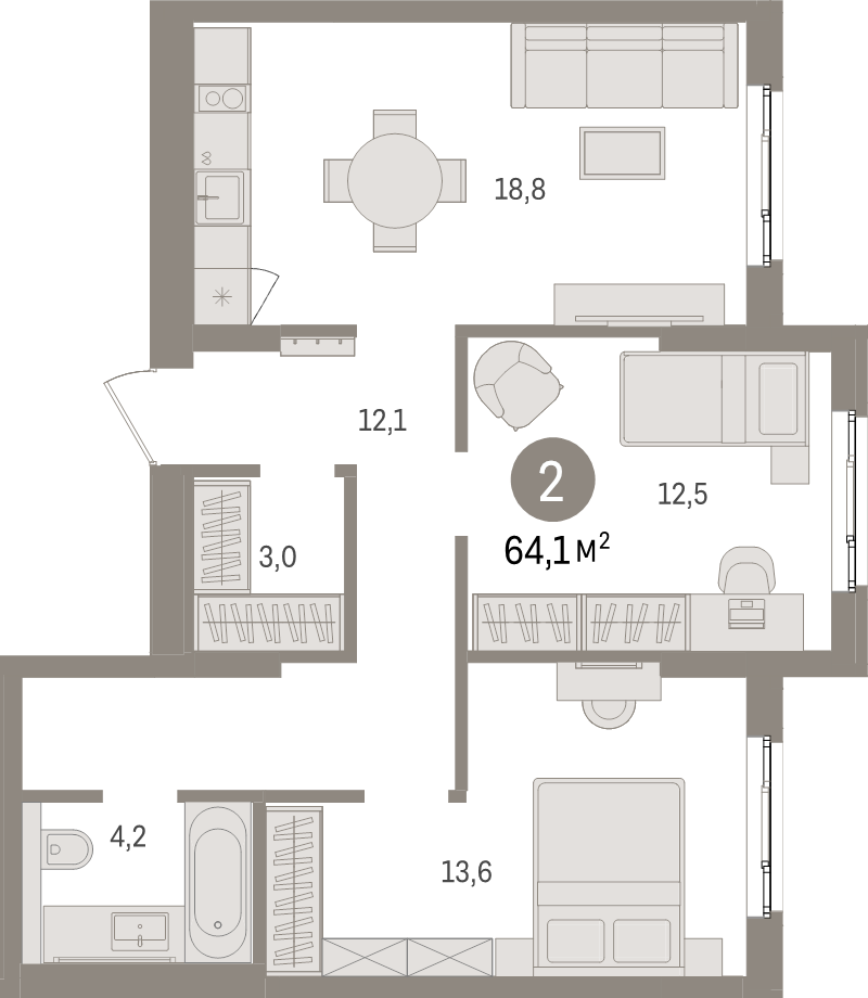 3-комнатная (Евро) квартира, 64.1 м² в ЖК "Брусника в Новоселье" - планировка, фото №1