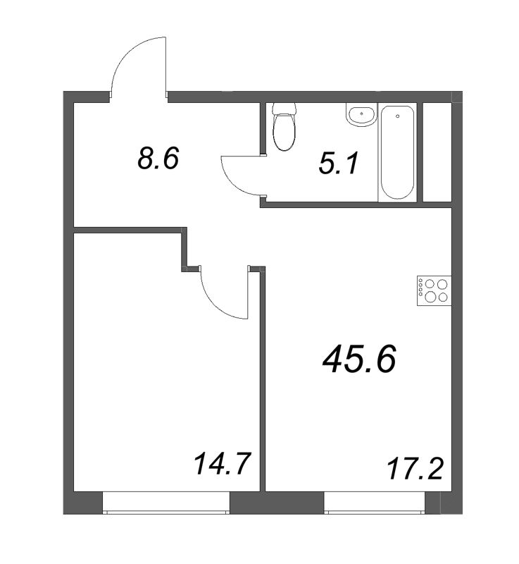 2-комнатная (Евро) квартира, 45.6 м² в ЖК "Визионер" - планировка, фото №1