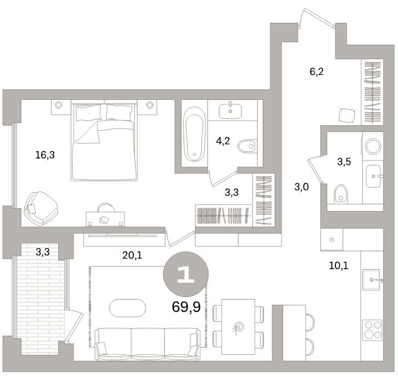 2-комнатная (Евро) квартира, 69.8 м² в ЖК "Северный ветер" - планировка, фото №1