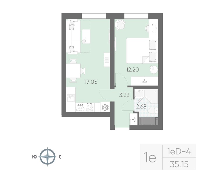2-комнатная (Евро) квартира, 35.15 м² в ЖК "Морская миля" - планировка, фото №1