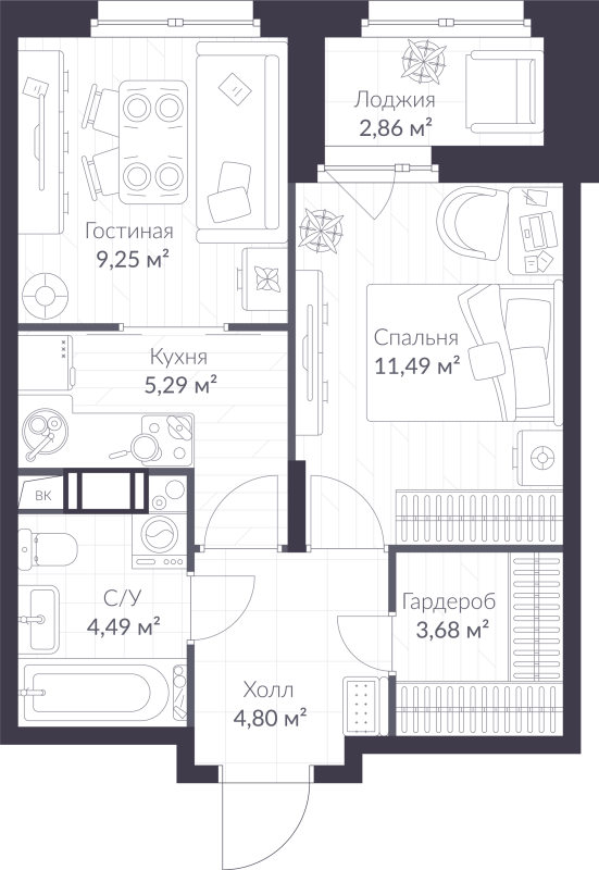 2-комнатная (Евро) квартира, 40.43 м² в ЖК "VEREN NORT сертолово" - планировка, фото №1