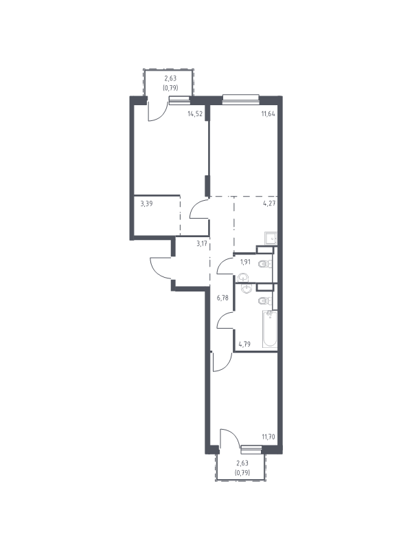 3-комнатная (Евро) квартира, 63.75 м² - планировка, фото №1