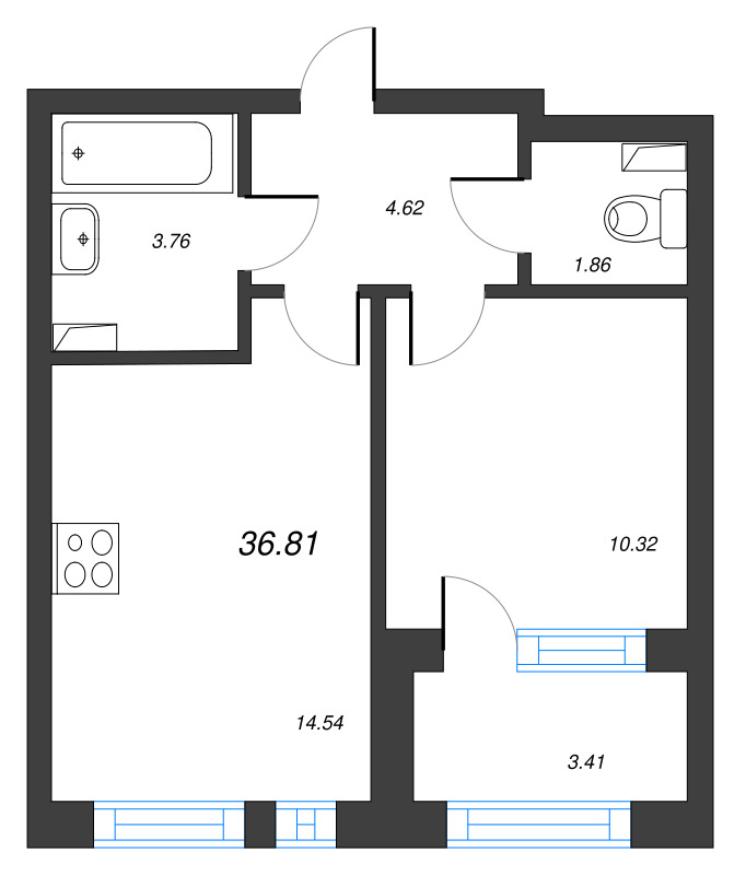 1-комнатная квартира, 36.81 м² - планировка, фото №1