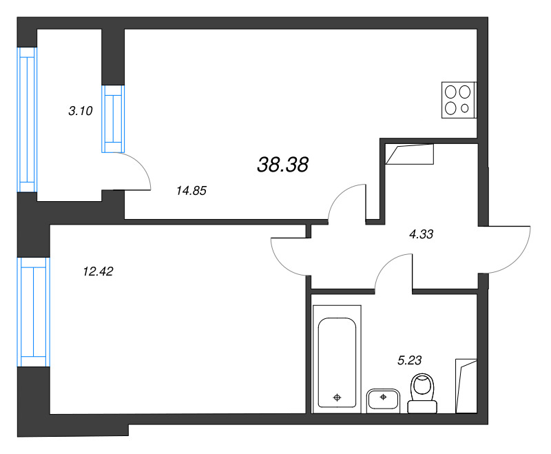 1-комнатная квартира, 38.38 м² - планировка, фото №1