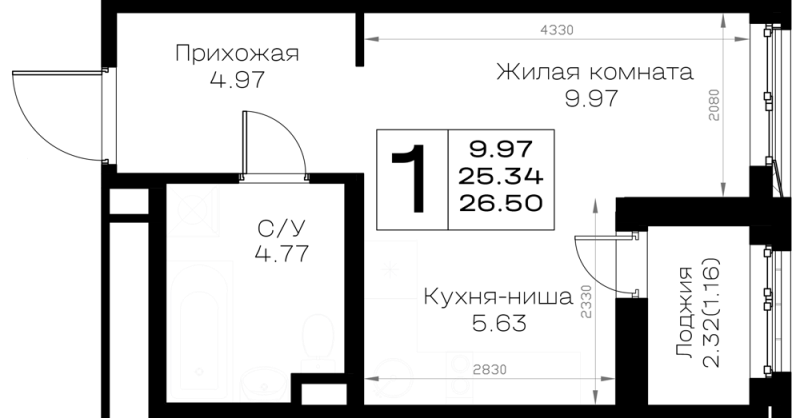 Квартира-студия, 26.5 м² в ЖК "Борский" - планировка, фото №1
