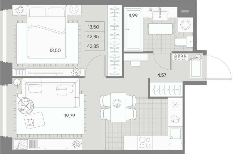 2-комнатная (Евро) квартира, 42.85 м² - планировка, фото №1