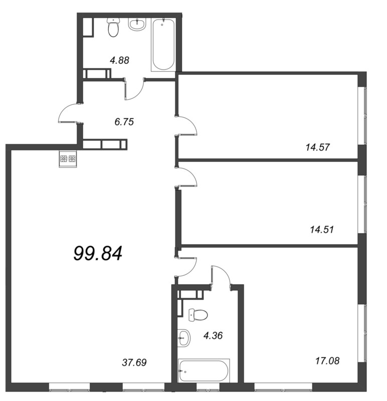 4-комнатная (Евро) квартира, 99.1 м² - планировка, фото №1