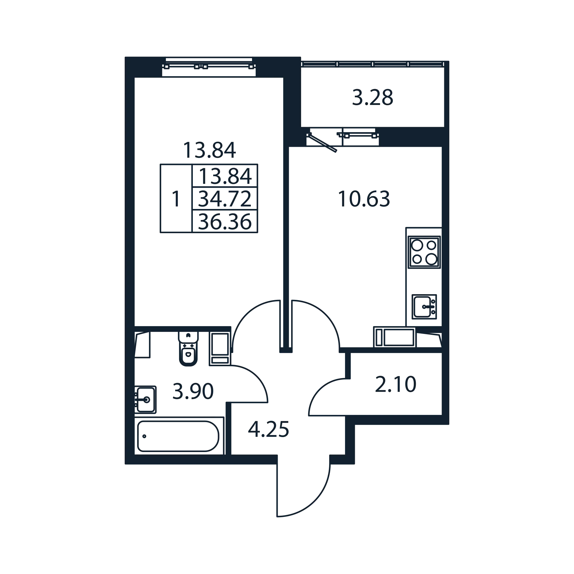 1-комнатная квартира, 34.72 м² в ЖК "Полис ЛАВрики" - планировка, фото №1
