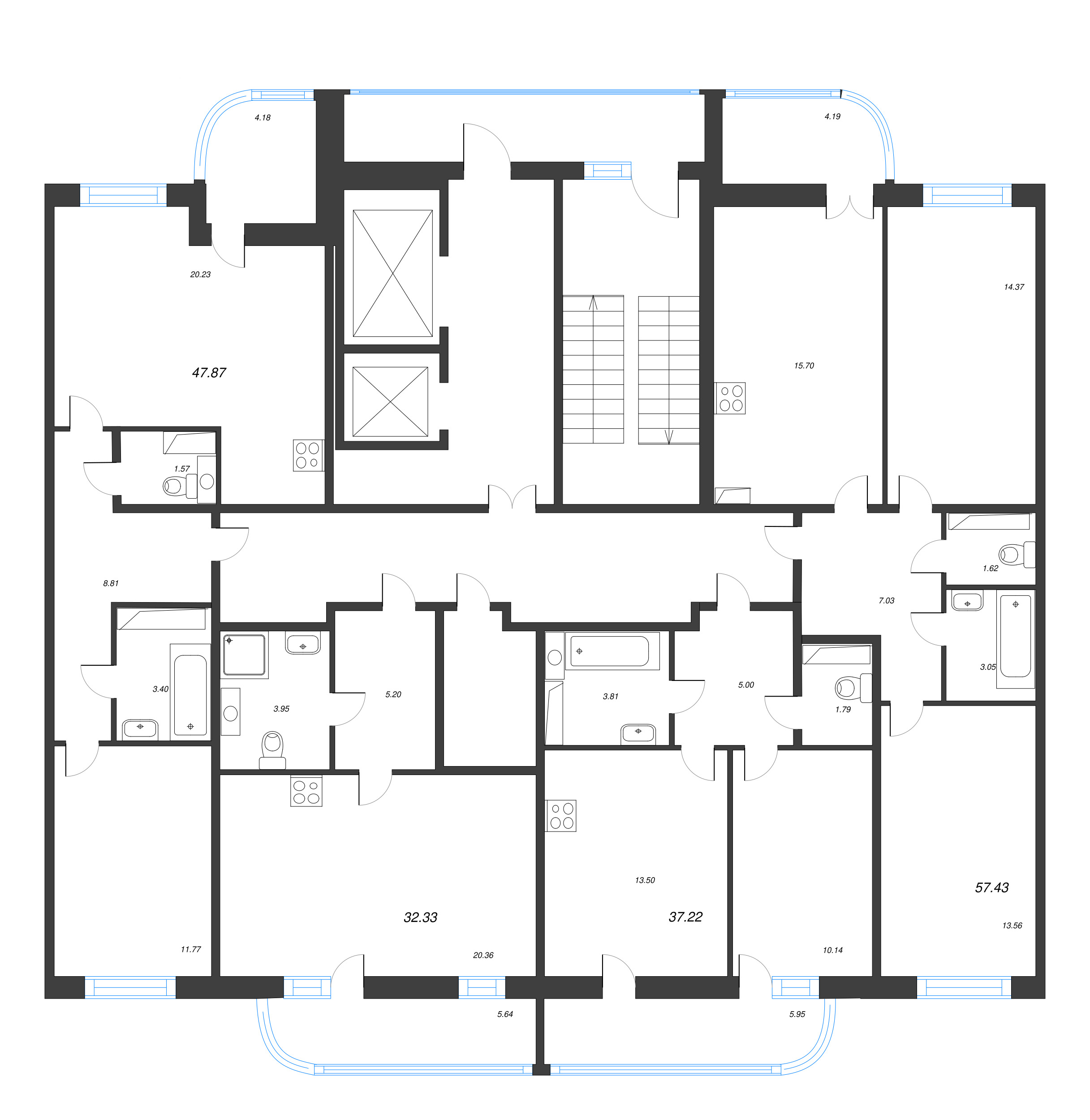 2-комнатная (Евро) квартира, 47.87 м² - планировка этажа