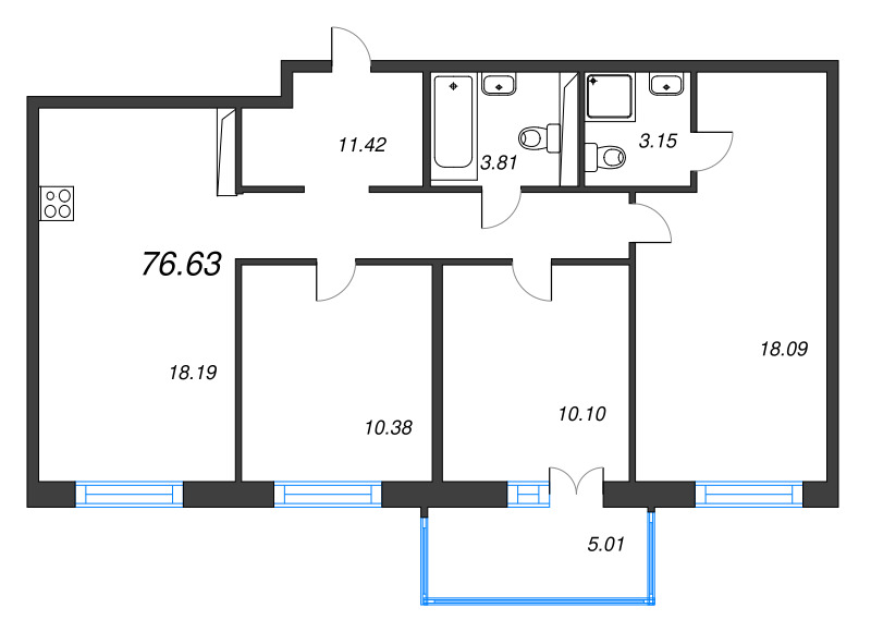 4-комнатная (Евро) квартира, 76.63 м² в ЖК "Арт Парк" - планировка, фото №1